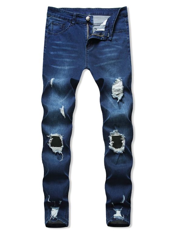 Pantalon Déchiré Zippé avec Trou Déchiré en Denim - Bleu Lapis XL