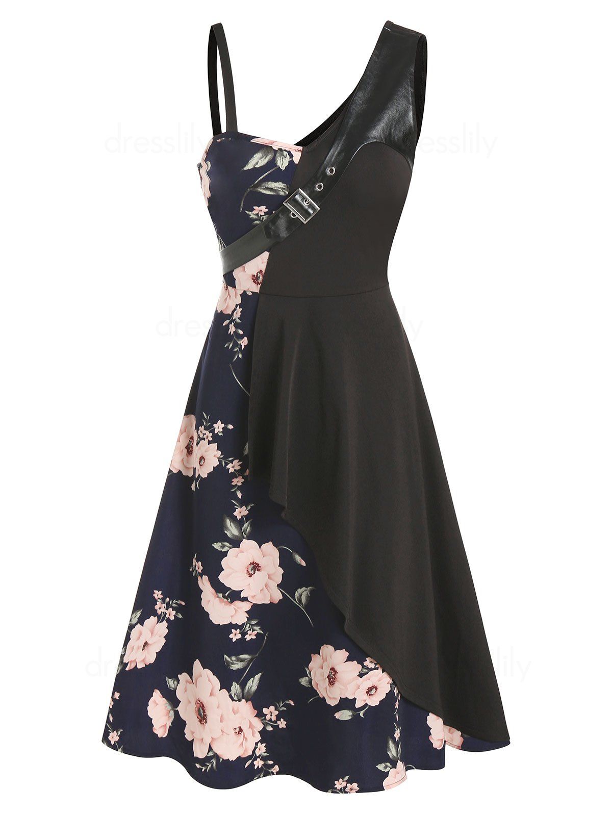 Floral Print Buckled Sleeveless Asymmetrical A Line Dress - CADETBLUE XL
