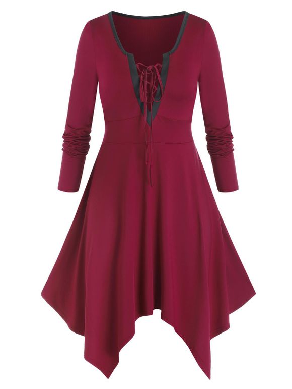 Robe Chemise Mouchoir de Grande Taille à Manches Longues à Lacets - Rouge Vineux 5X