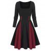 Robe Patineuse Contrastée Boutonnée à Manches Longues - Noir 3XL