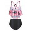 Tummy Control Tankini Swimwear Dinosaur Skeleton Print Strappy Ruched Cut Out Summer Beach Swimsuit - LIGHT PINK S