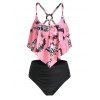 Tummy Control Tankini Swimwear Dinosaur Skeleton Print Strappy Ruched Cut Out Summer Beach Swimsuit - DEEP RED L