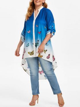 Plus Size Roll Up Sleeve Butterfly Print Ombre Blouse