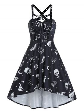 Summer Gothic Skull Animal Print Cross Back Cami High Low Dress