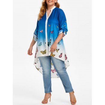 

Plus Size Roll Up Sleeve Butterfly Print Ombre Blouse, Blue