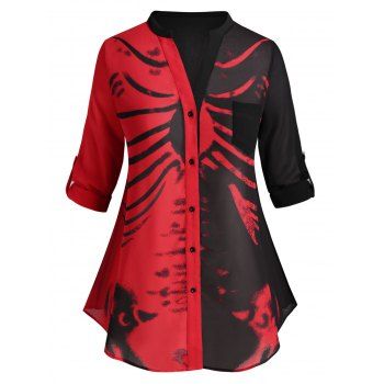 

Skeleton Print Button Up Chiffon Halloween Plus Size Shirt, Red