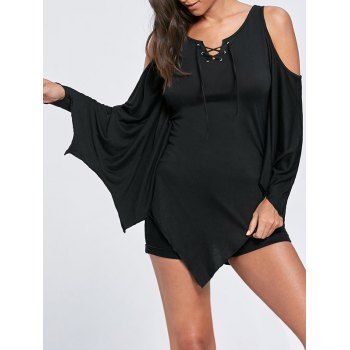 

Halloween Lace Up Cold Shoulder Cosplay Costume Batwing T-shirt, Black