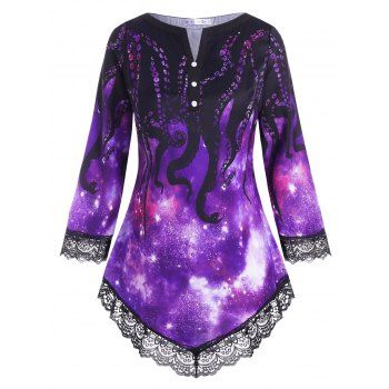 

Scalloped Lace Trim Octopus Print V-notched Plus Size Blouse, Purple