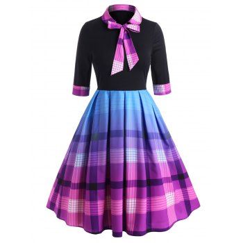 

Bow Tie Plaid Cuffed Sleeve Plus Size Dress, Black