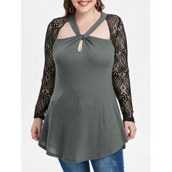 

Plus Size Paisley Lace Sleeve Cut Out Knitwear, Gray