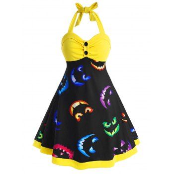 

Halter Button Front Printed Halloween Plus Size Dress, Yellow