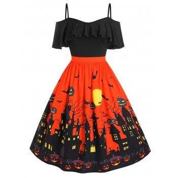 

Plus Size Halloween Castle Pumpkin Bat Open Shoulder Dress, Black