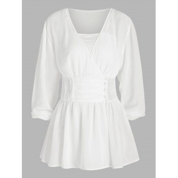 

Faux Pearl Button Ruched Chiffon Blouse and Crop Top, White