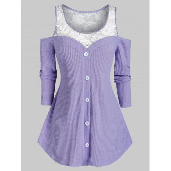 

Plus Size Lace Insert Sheer Open Shoulder Sweater, Purple