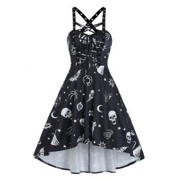 

Summer Gothic Skull Animal Print Cross Back Cami High Low Dress, Black