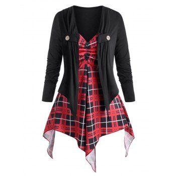 

Plus Size Open Front Top and Plaid Handkerchief Cami Top Twinset, Black