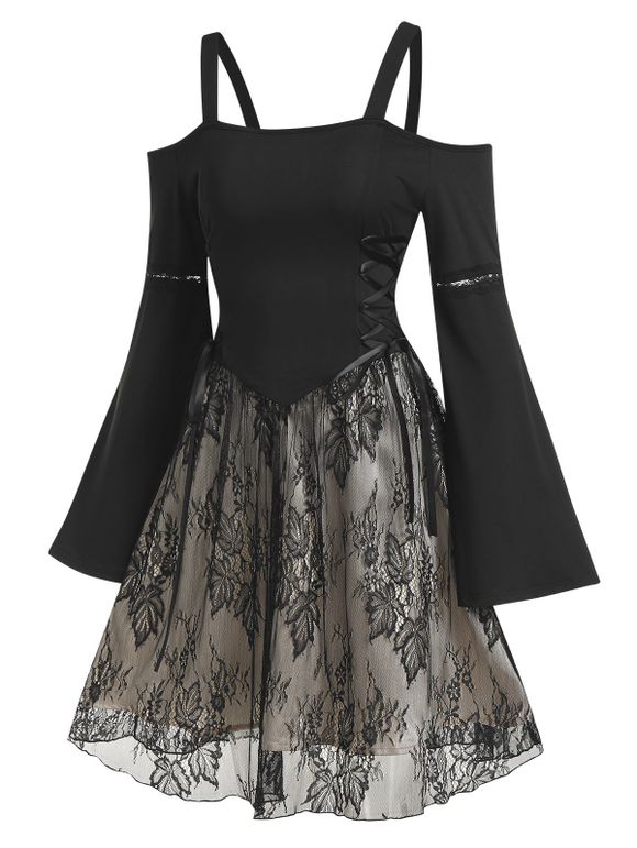 Mini-Robe Superposée en Dentelle Epaule Ouverte à Manches Evasées - Noir XL