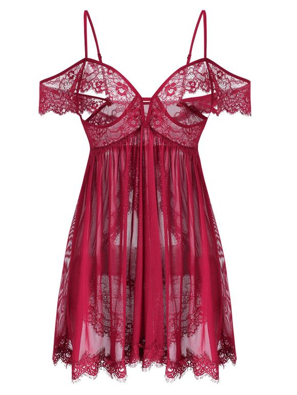 Body Lingerie en Dentelle en Maille Transparente à Epaule Dénudée de Grande Taille - Rouge XL