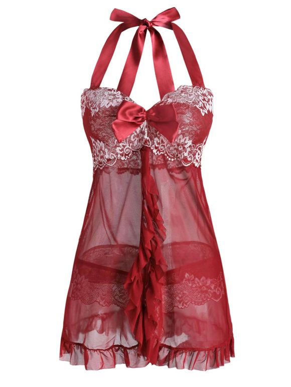 Body Lingerie Panneau en Dentelle en Maille Transparente de Grande Taille à Volants - Rouge 2XL