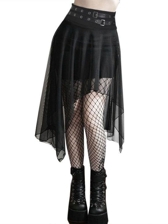 Jupe Gothique Asymétrique en Mousseline à Bretelle avec Œillet - Noir XL