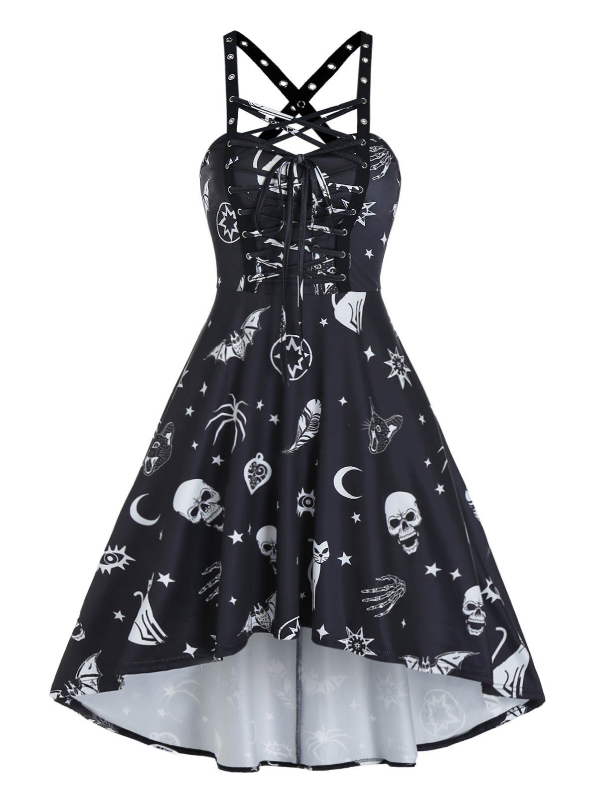 Summer Gothic Skull Animal Print Cross Back Cami High Low Dress - BLACK L