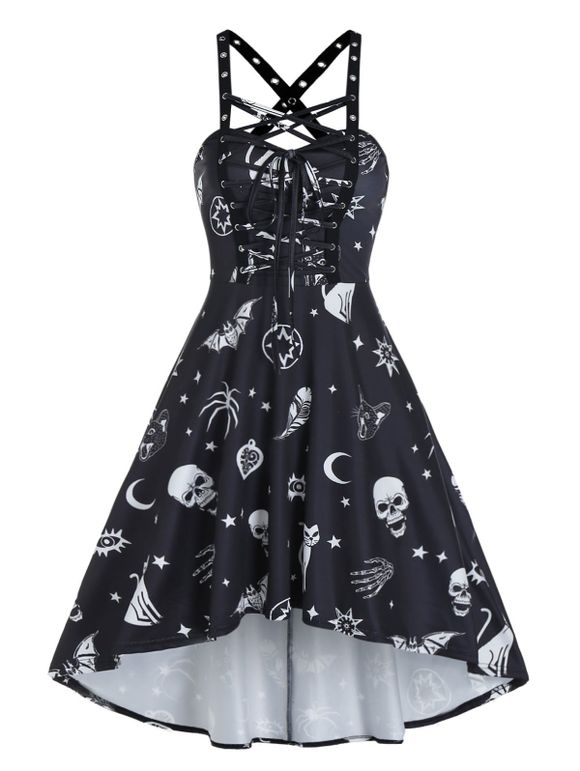 Summer Gothic Skull Animal Print Cross Back Cami High Low Dress - BLACK M