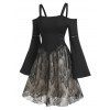 Mini-Robe Superposée en Dentelle Epaule Ouverte à Manches Evasées - Noir XL