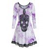 T-Shirt Tunique à Ourlet en Dentelle Motif de Crâne Grande-Taille - Violet clair 3X