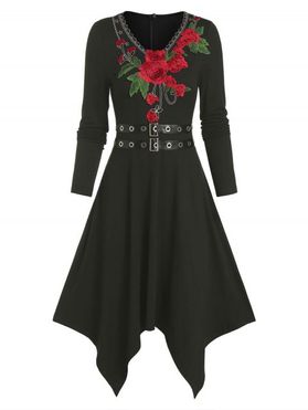Floral Embroidery Dual Belts Asymmetrical Long Sleeve Dress