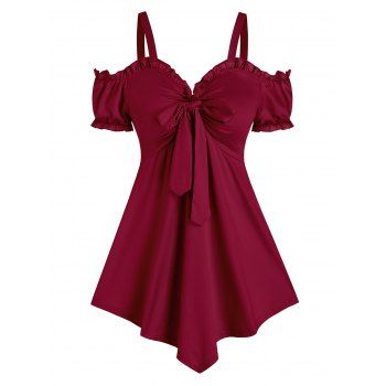 

Cold Shoulder Knotted Pointed Hem Blouse, Red wine