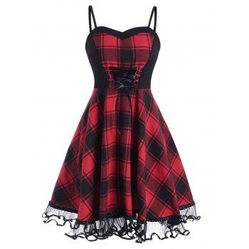 

Lace Panel Lace-up Plaid Cami Dress, Deep red