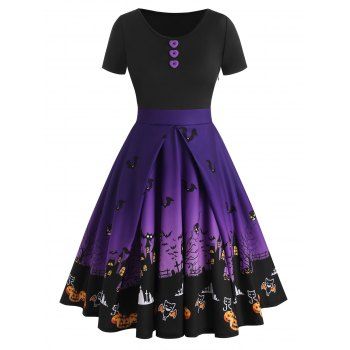 

Halloween Buttons Bat Pumpkin Castle Print Dress, Black