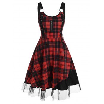 

Lace-up O Ring Tulle Panel Plaid Dress, Red