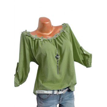 

Plus Size Roll Up Sleeve Flower Trim Top, Green