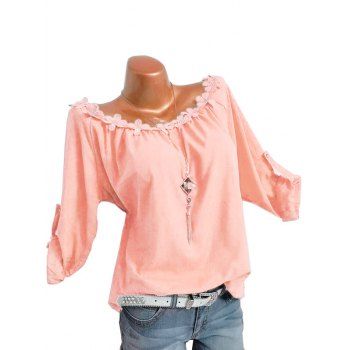 

Plus Size Roll Up Sleeve Flower Trim Top, Light orange