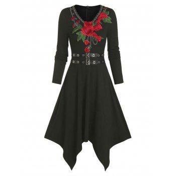 

Floral Embroidery Dual Belts Asymmetrical Long Sleeve Dress, Black