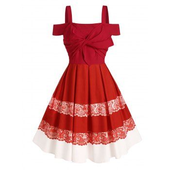 

Christmas Party Dress Cold Shoulder Acanthus Print Twist Front Pleated Dress, Red
