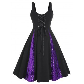 Image of Plus Size Sequined Bicolor Lace-up Casual Dress