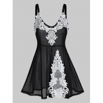 

Plus Size Contrast Lace Sheer Mesh Babydoll Set, Black