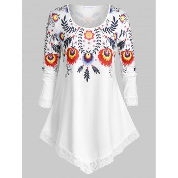 

Plus Size Floral Print Lace Trim T Shirt, White