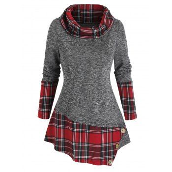 

Plaid Patchwork High Collar Asymmetry Top, Dark slate grey