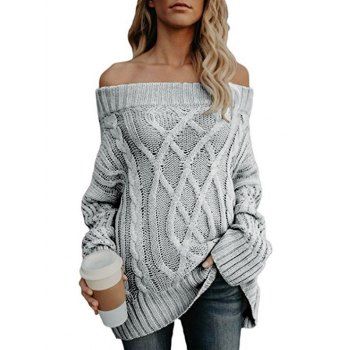 

Off The Shoulder Cable Knit Chunky Tunic Sweater, Light gray