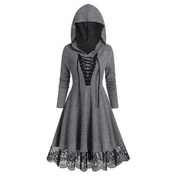 Image of Lace Up Hooded Lace Hem Knitted A Line Dress