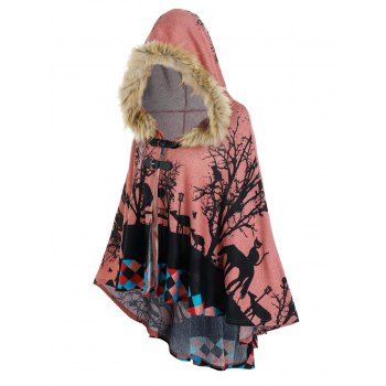 

Hooded Forest Cat Print High Low Cape, Light pink