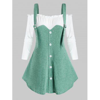 

Plus Size Bicolor Twofer Open Shoulder Knitwear, Sea green