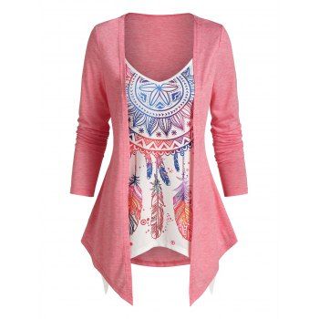 

Bohemian Flower Feather Print 2 In 1 Asymmetric Top, Pink