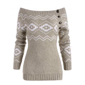 

Off Shoulder Button Side Zig Zag Geometric Sweater, Light coffee