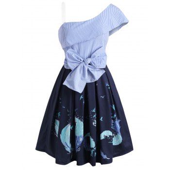 

One Shoulder Striped Feather Print Tie Flounce Dress, Deep blue