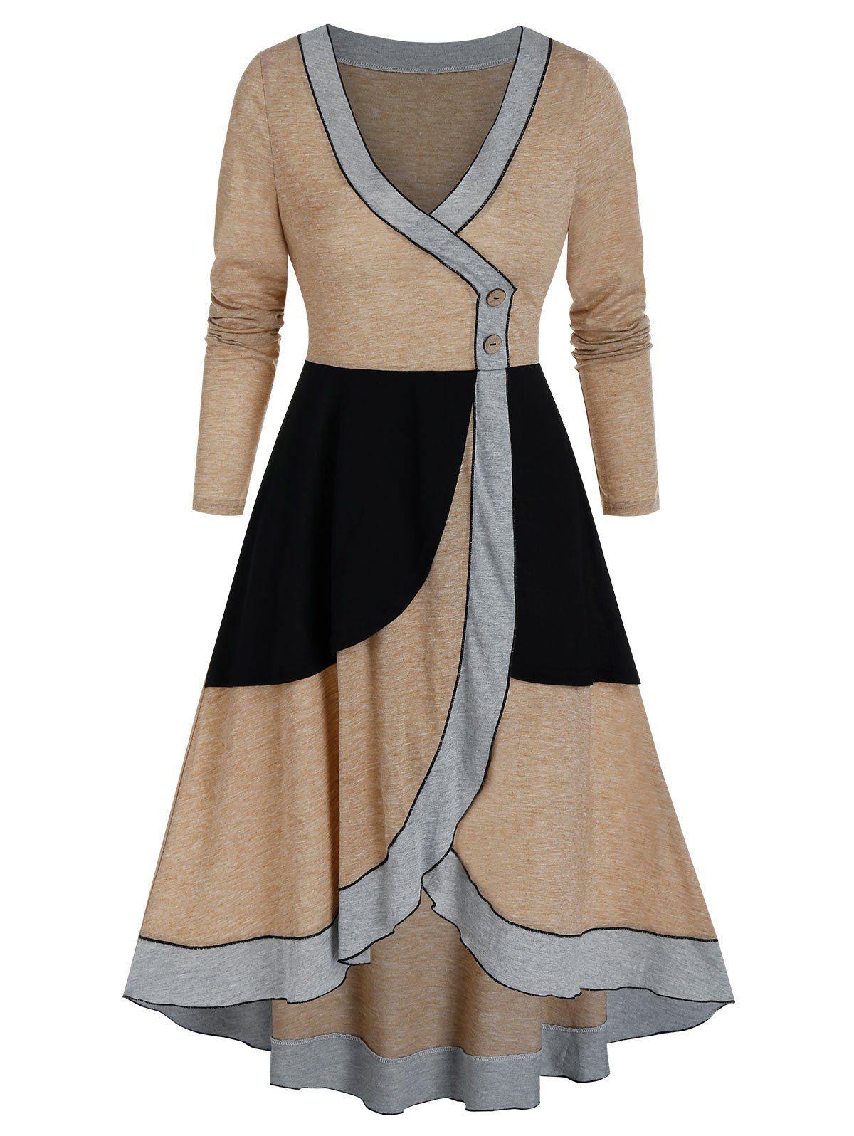 V Neck Colorblock High Low Long Sleeve Dress - multicolor A 2XL
