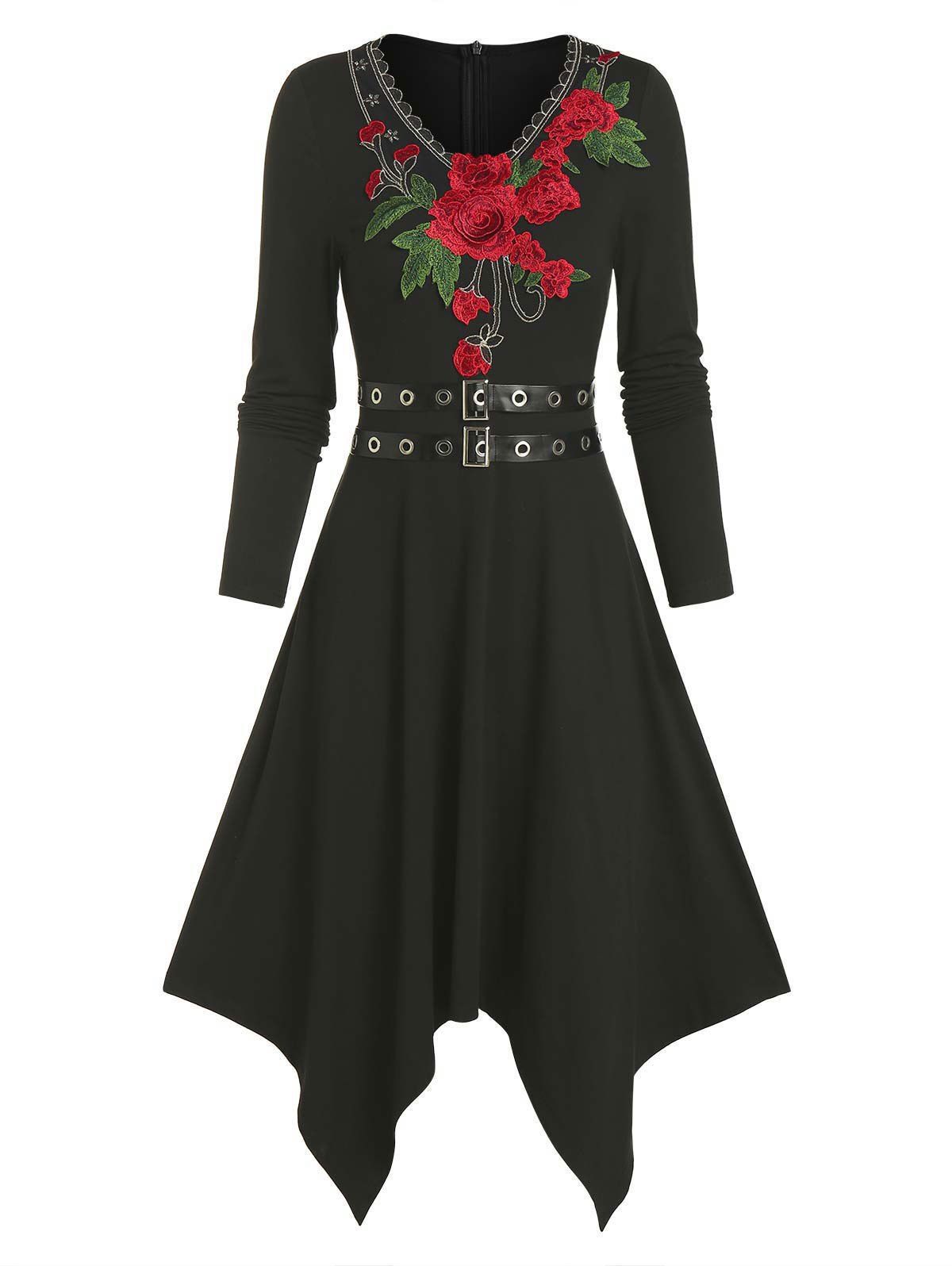 Floral Embroidery Dual Belts Asymmetrical Long Sleeve Dress - BLACK XL
